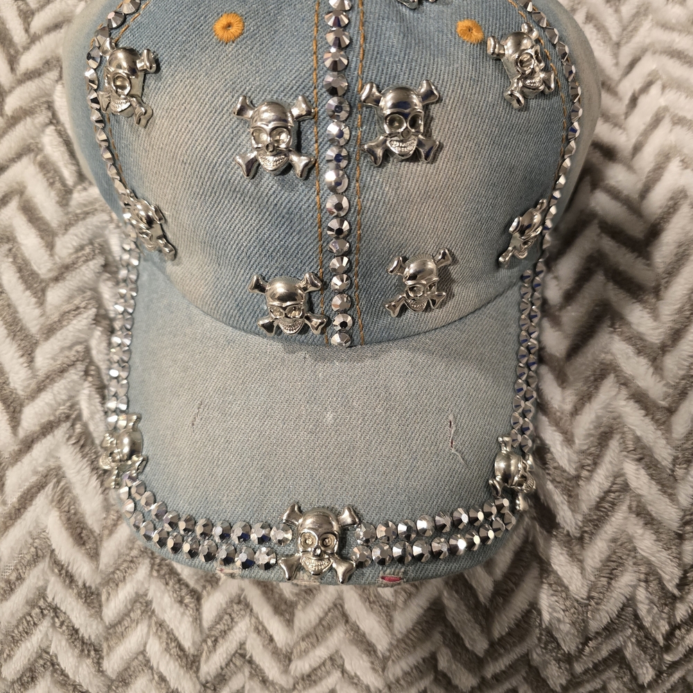 💀 Rhinestone Skull & Crossbones Denim Hat – Edgy Crystal Bling